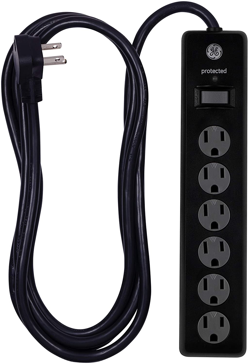 GE 6 Outlet Surge Protector 10 Ft Extension Cord Power Strip 600 Joules Twist-to-Close Safety Covers Black 37442