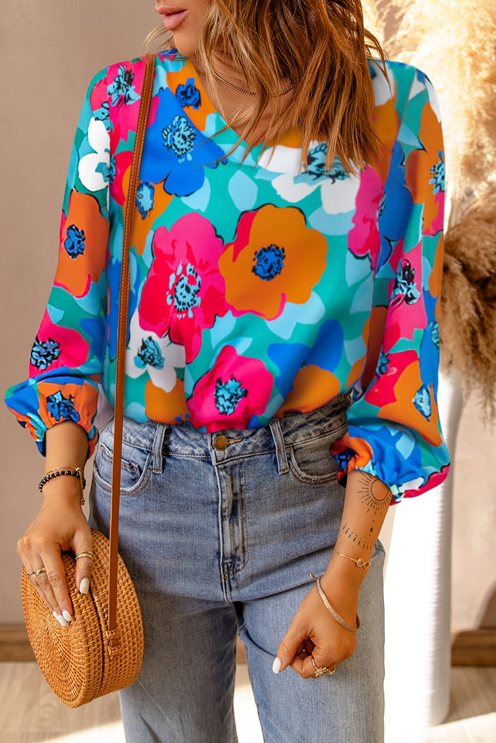 Multicolor Floral Print Casual V Neck Blouse