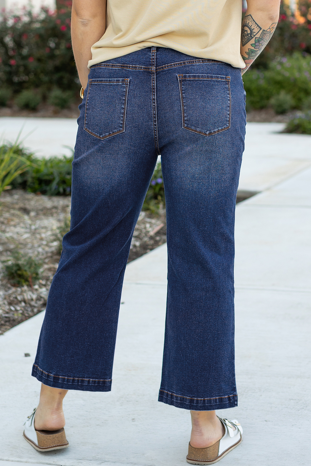 Dark Blue Plus Size Stitching Washed Flare Jeans