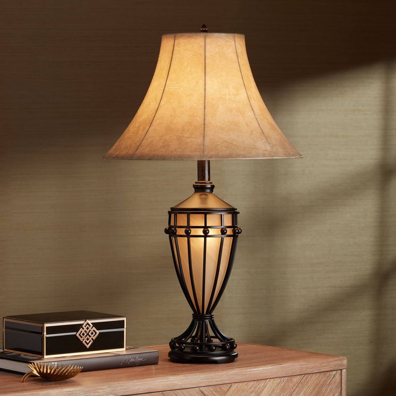 Franklin Iron Works Traditional Table Lamp with Nightlight Urn Dark Iron Bronze Beige Fabric Bell Shade for Living Room Bedroom