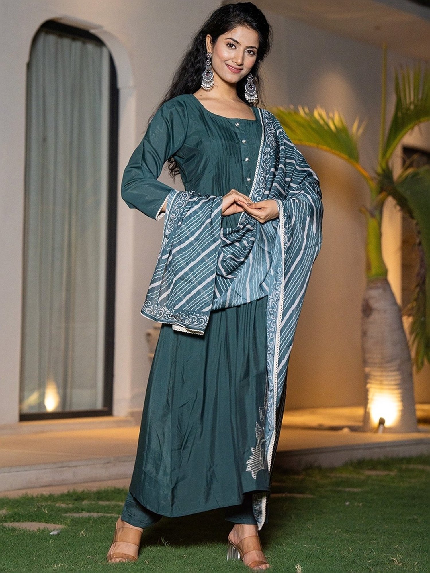 Yufta Teal Blue Cotton Embroidered Kurta Pant Set With Dupatta