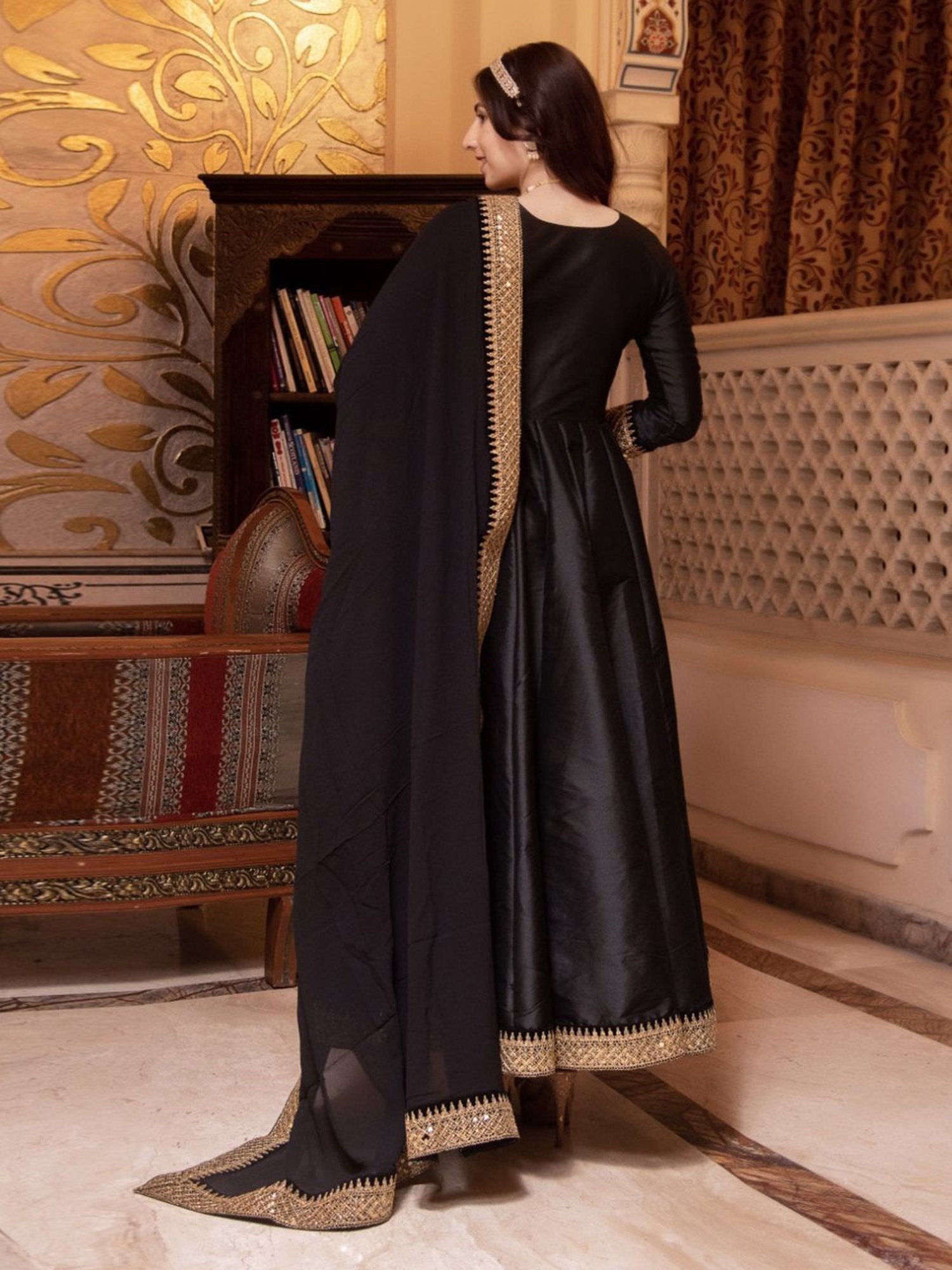 Calmna Rajkumari Black Gotapatti Silk Anarkali Suit Set