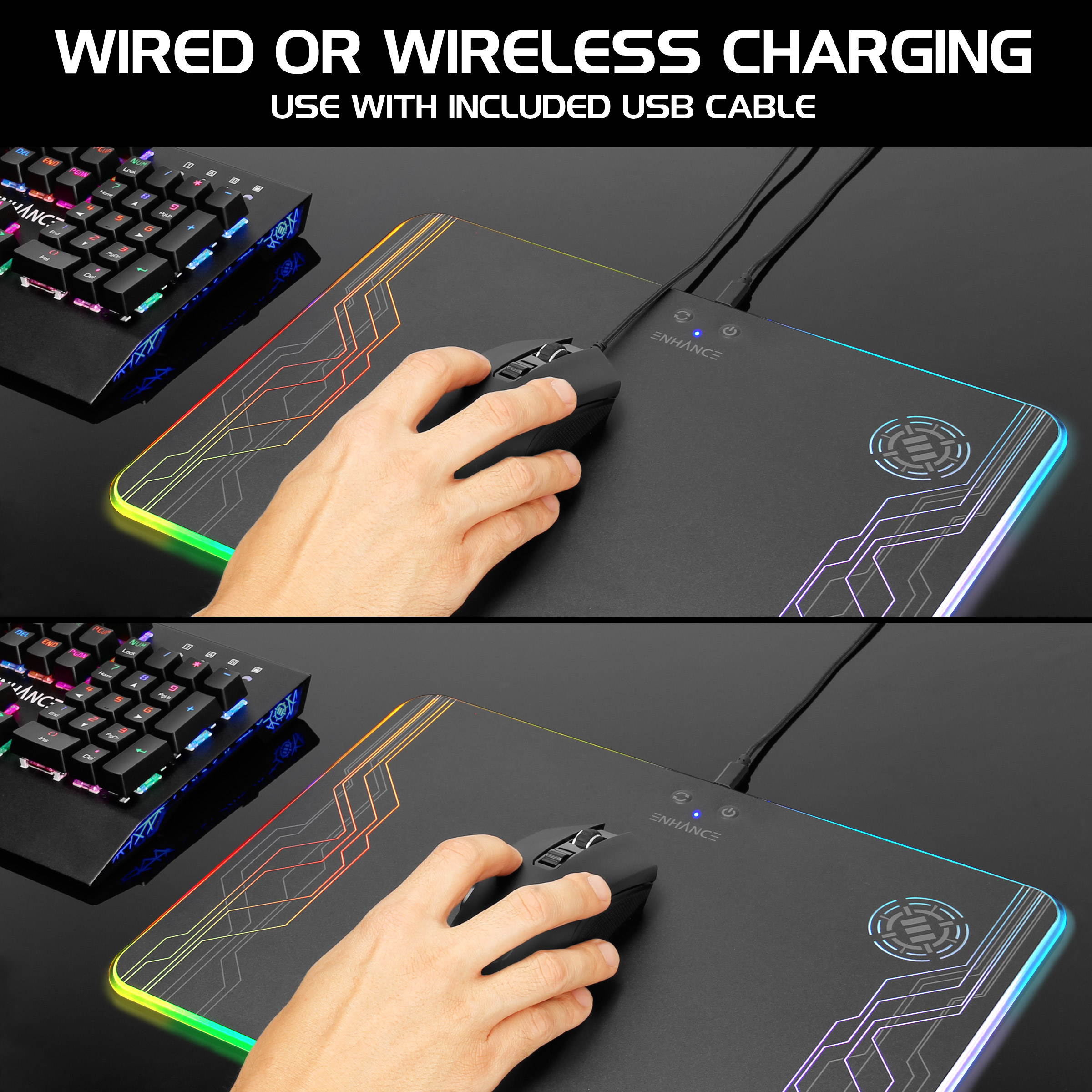 enhance powerup wireless charging led mouse pad + gaming mouse bundle - hard mat with custom lighting & programmable rgb mouse