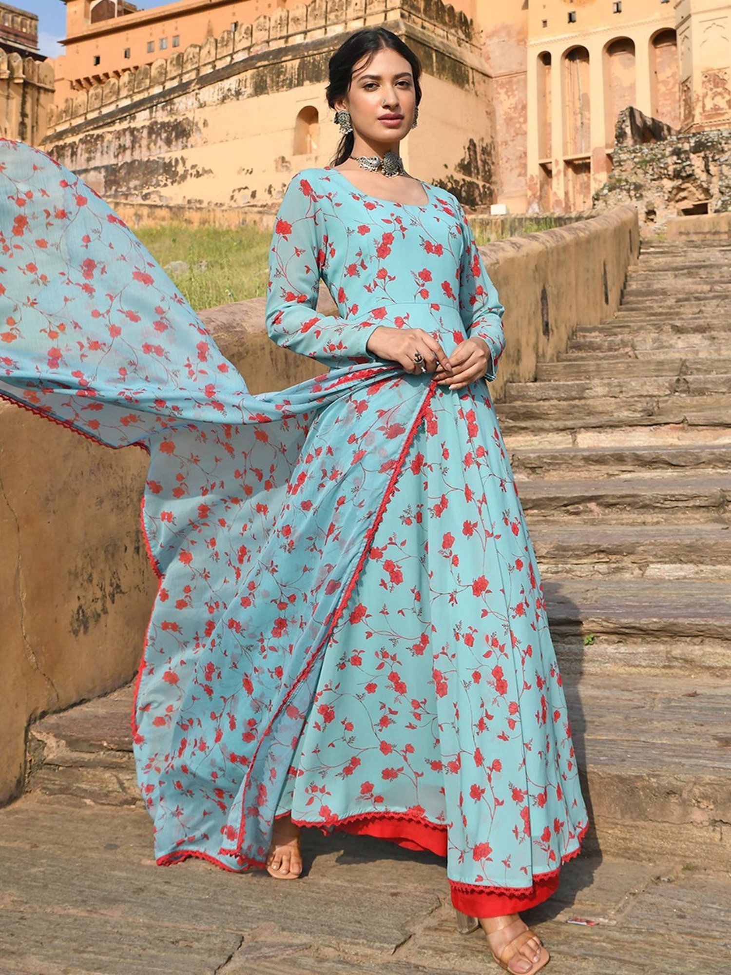 Janasya Sea Green & Red Floral Print Kurta Palazzo Set With Dupatta