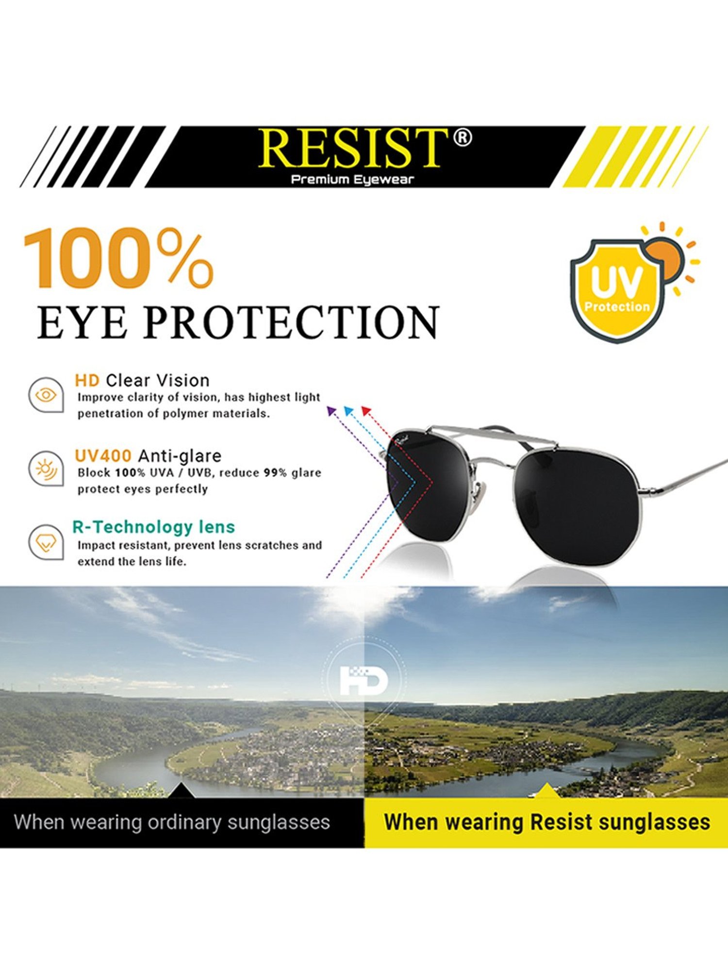 Resist Eyewear Black UV Protection Unisex Sunglasses