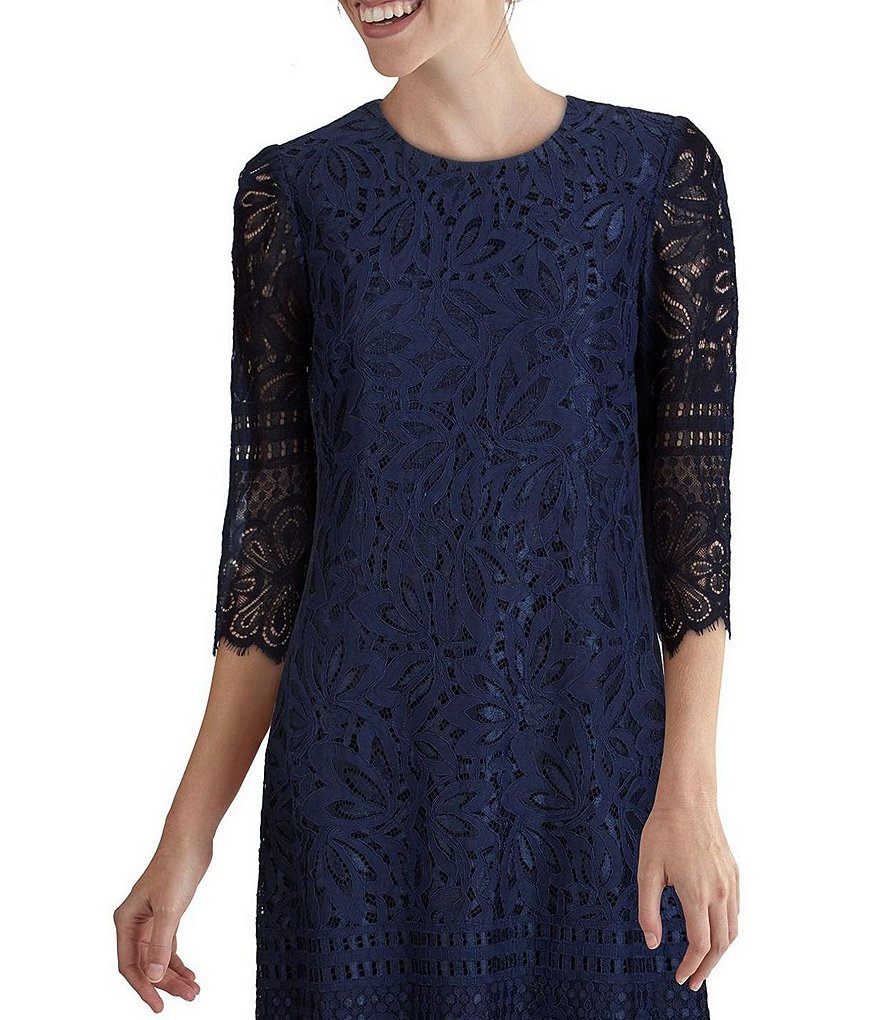 Kensie Elbow Sleeve Contrast Corded Lace Scalloped Sheath Dress