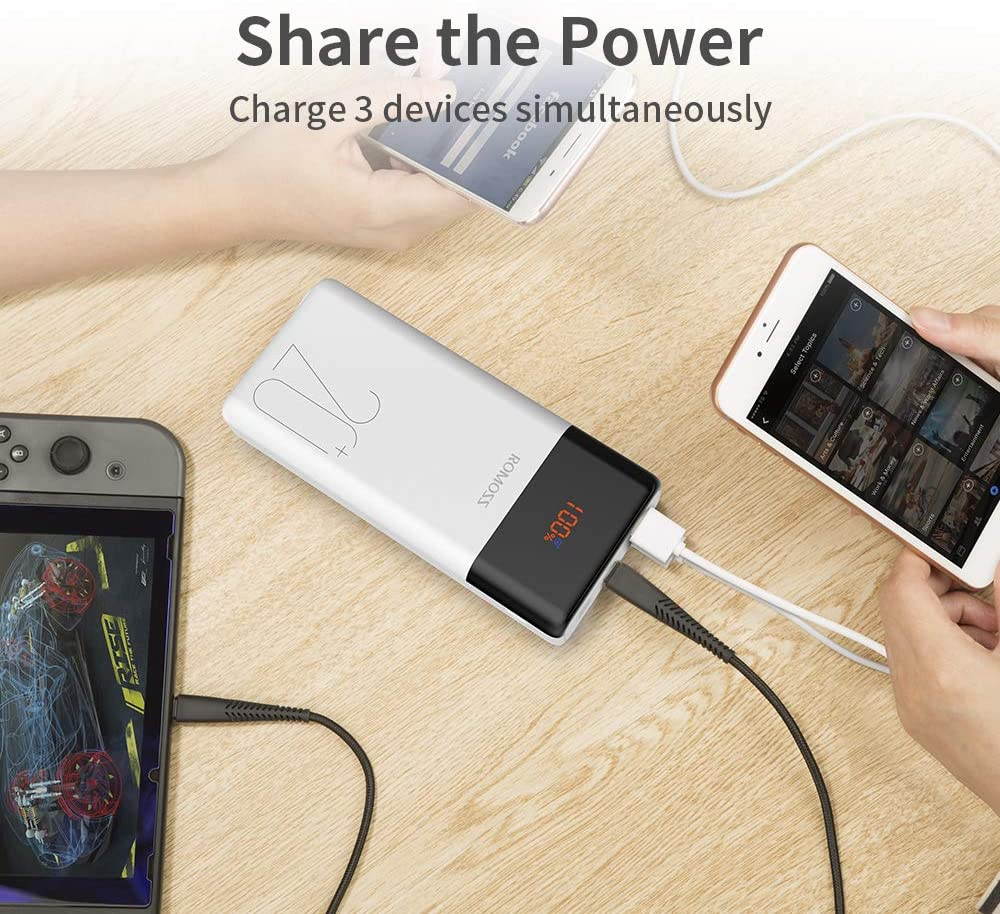 ROMOSS 20000mAh Power Bank LT20PS+, 18W PD USB C Portable Charger with 3 Outputs & 3 Inputs External Battery Pack Cell Phone Charger Battery Compatible with iPhone 11, Xs Max, iPad Pro, Samsung S20