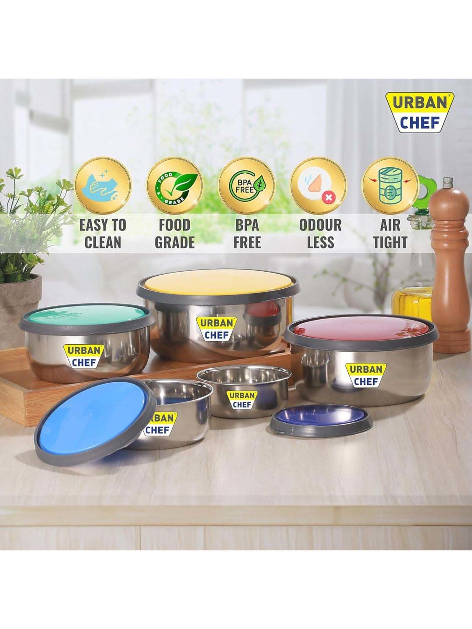 Urban Chef Multicolor Stainless Steel Fresca Push & Lock Bowl Storage Set With Lid - Set of 5