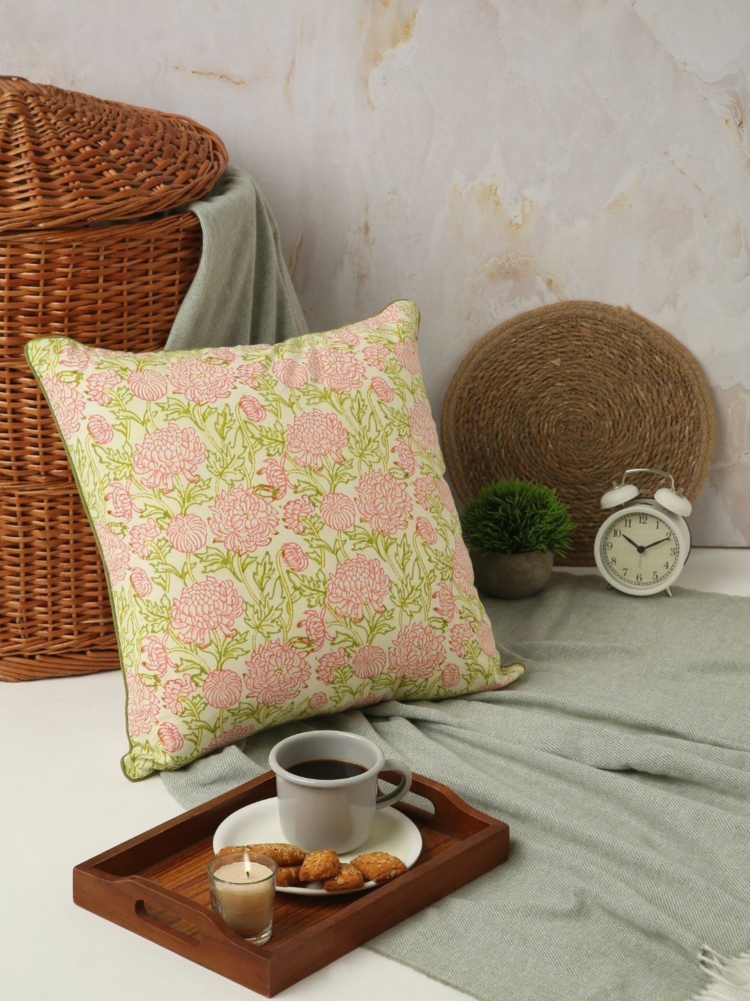 Spaces Printed Beige Cotton Cushion Cover