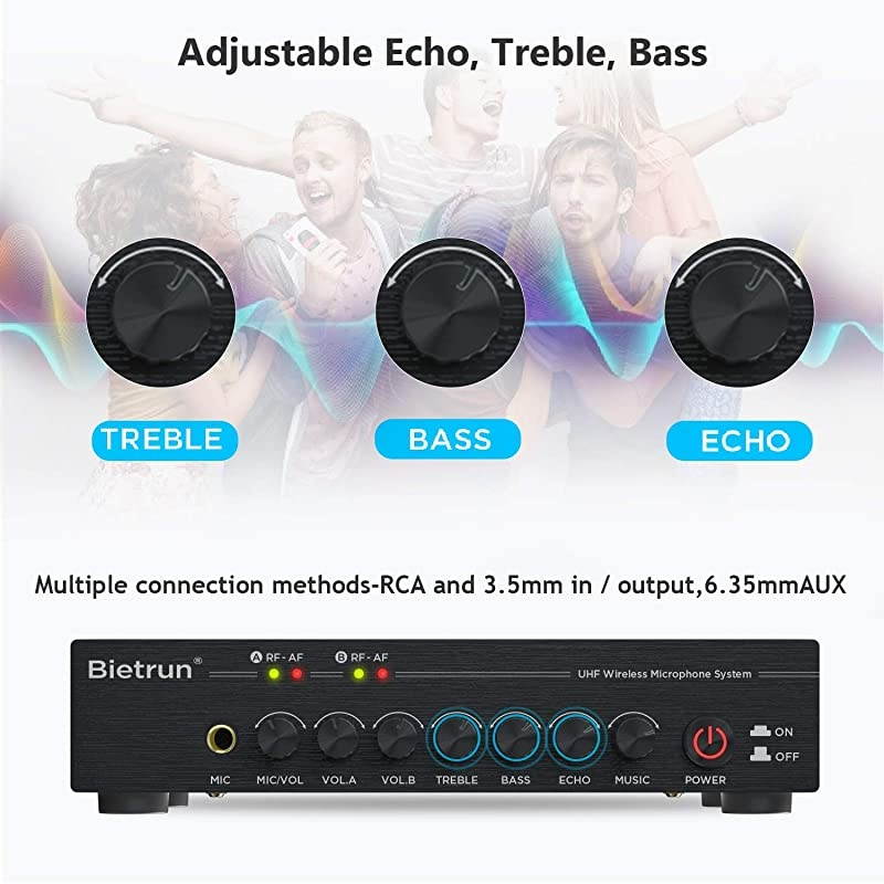 Microphone with Echo Treble BassBluetooth 160 ft Range UHF Metal Dual Handheld Dynamic Mic System 1814Output for Singing Church Karaoke Dj Wedding PABT Speaker