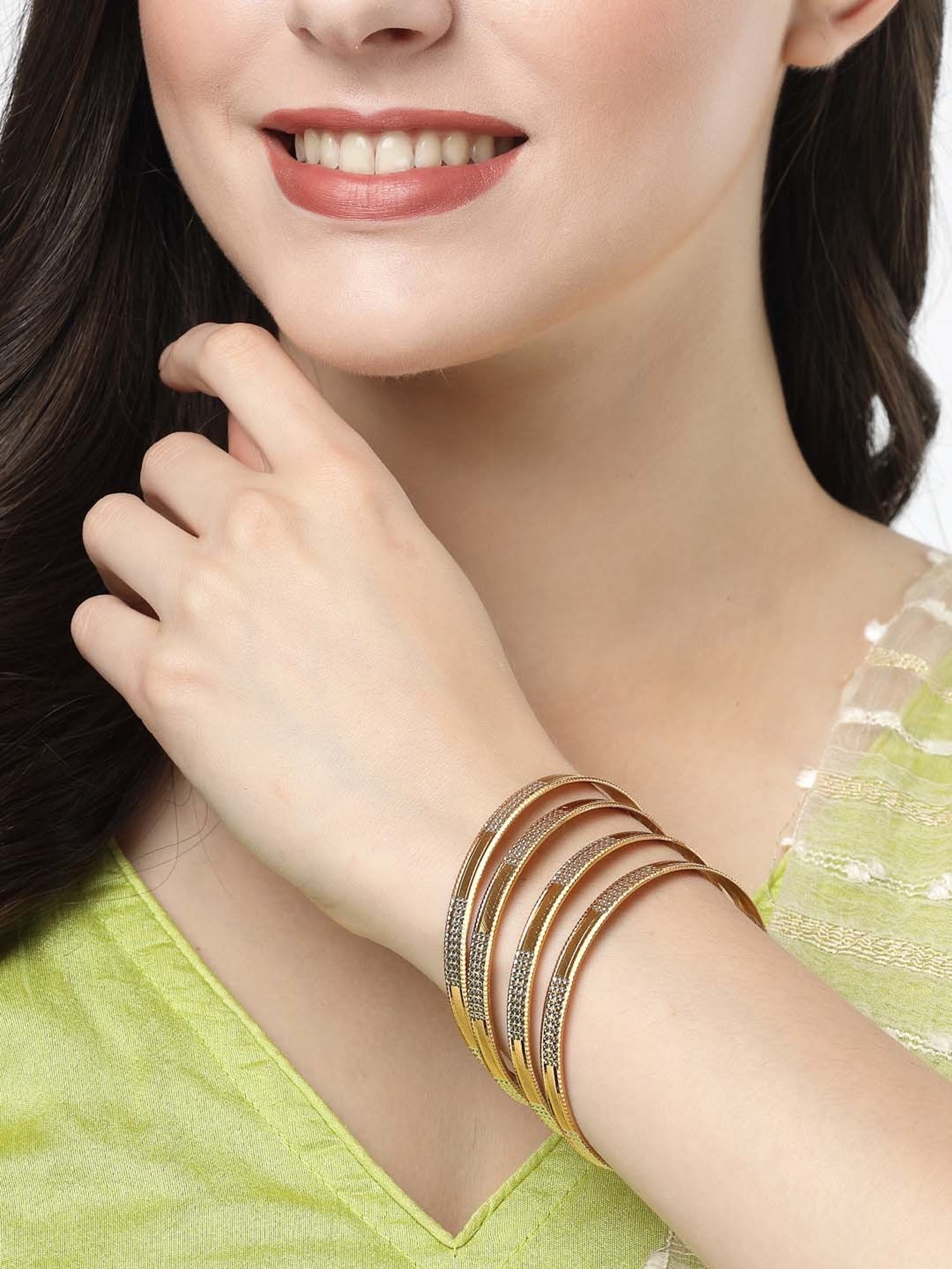 NVR Gold-Plated CZ-Studded Traditional Bangles for Women - Set of 4