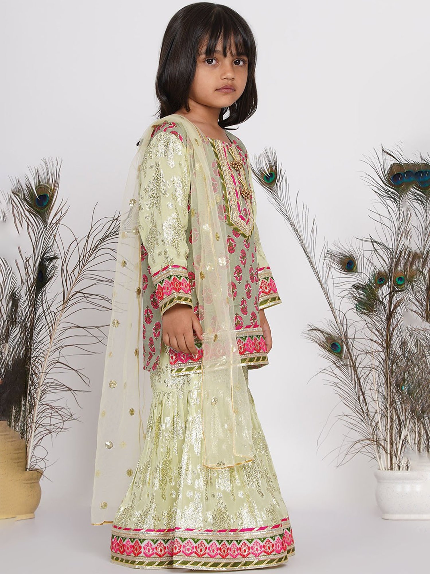 Little Bansi Green Embellished 1 Kurta, 1 Sharara & 1 Dupatta