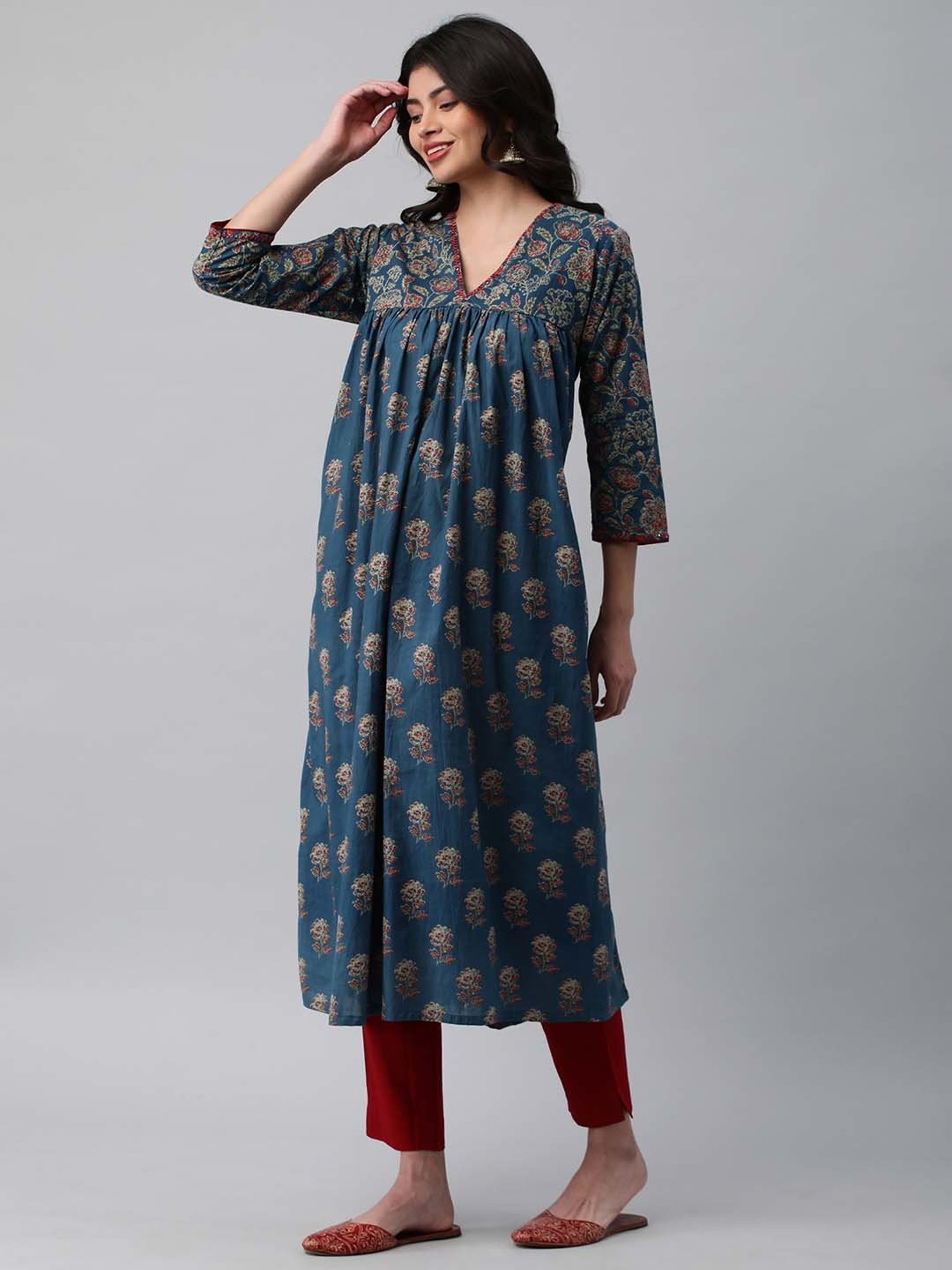 Kami Kubi Blue Cotton Embroidered A Line Kurta