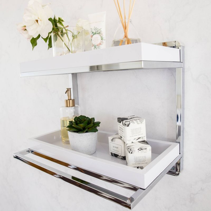 2 Tier Wall Mount Shelving Unit with Towel Rack and Trays Chrome/White - Danya B.