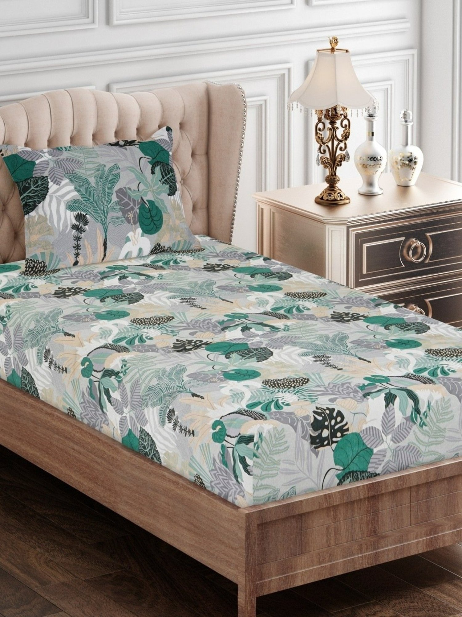 SEJ by Nisha Gupta Floral Green 144 TC Cotton Single Bed Sheet with 1 Pillow Cover