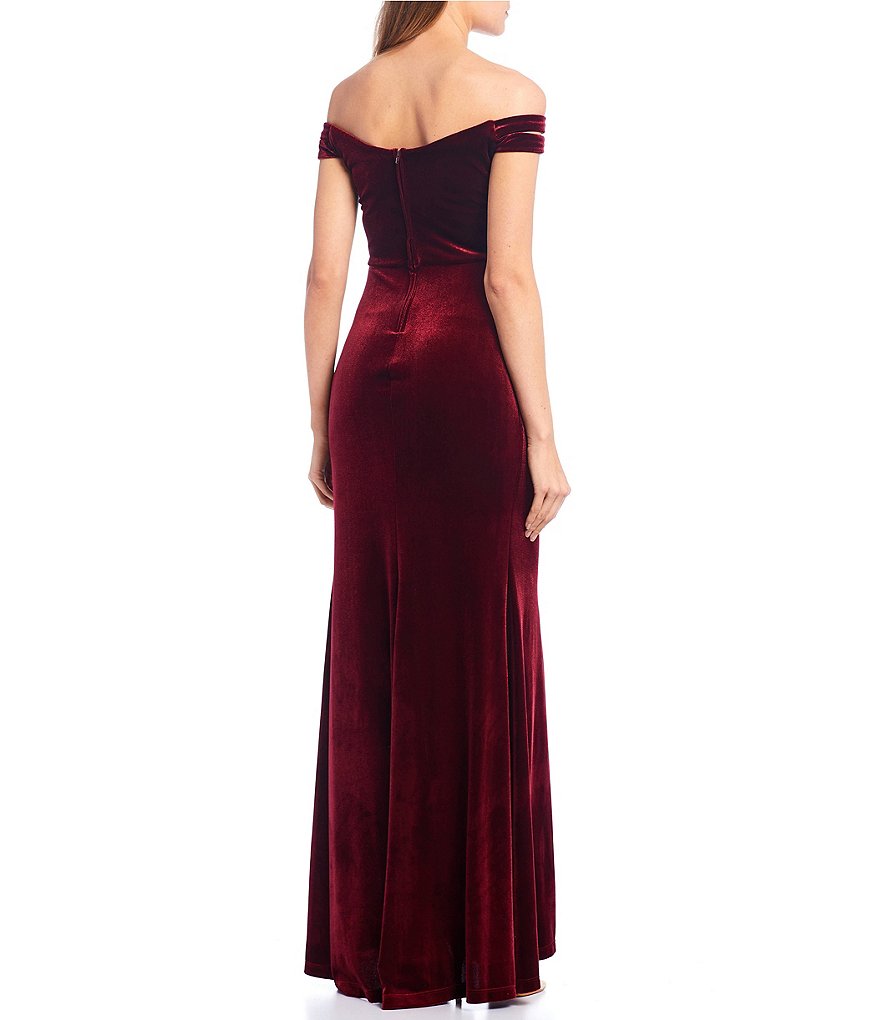 Teeze Me Double Strap Off-The-Shoulder Side Slit Velvet Long Dress