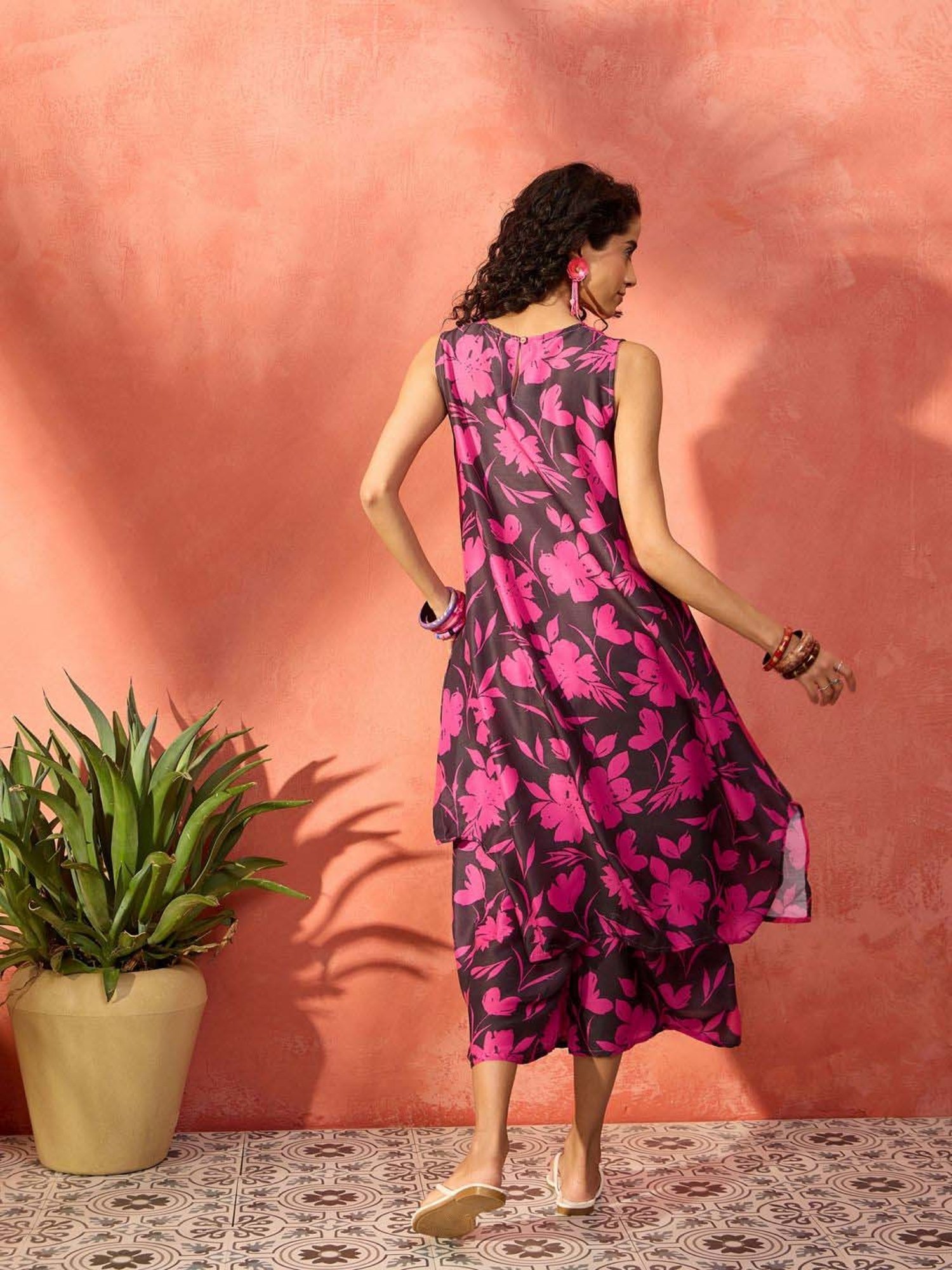 Inweave Black Floral Print Kurta & Palazzo Set