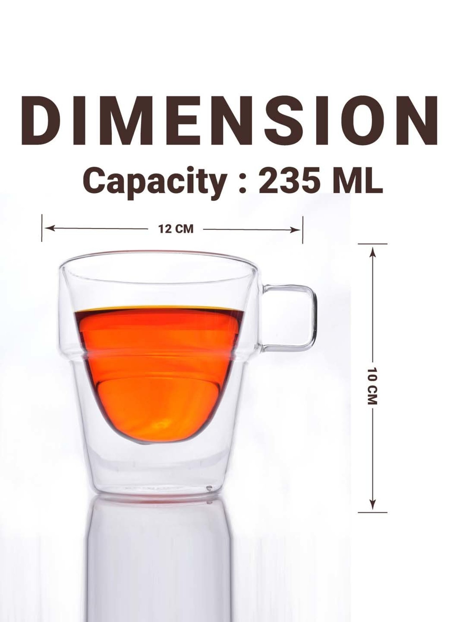 Femora Double Wall Transparent Glass Heat Resistant Coffee Mugs With Handle (0.235 L) - Set of 4