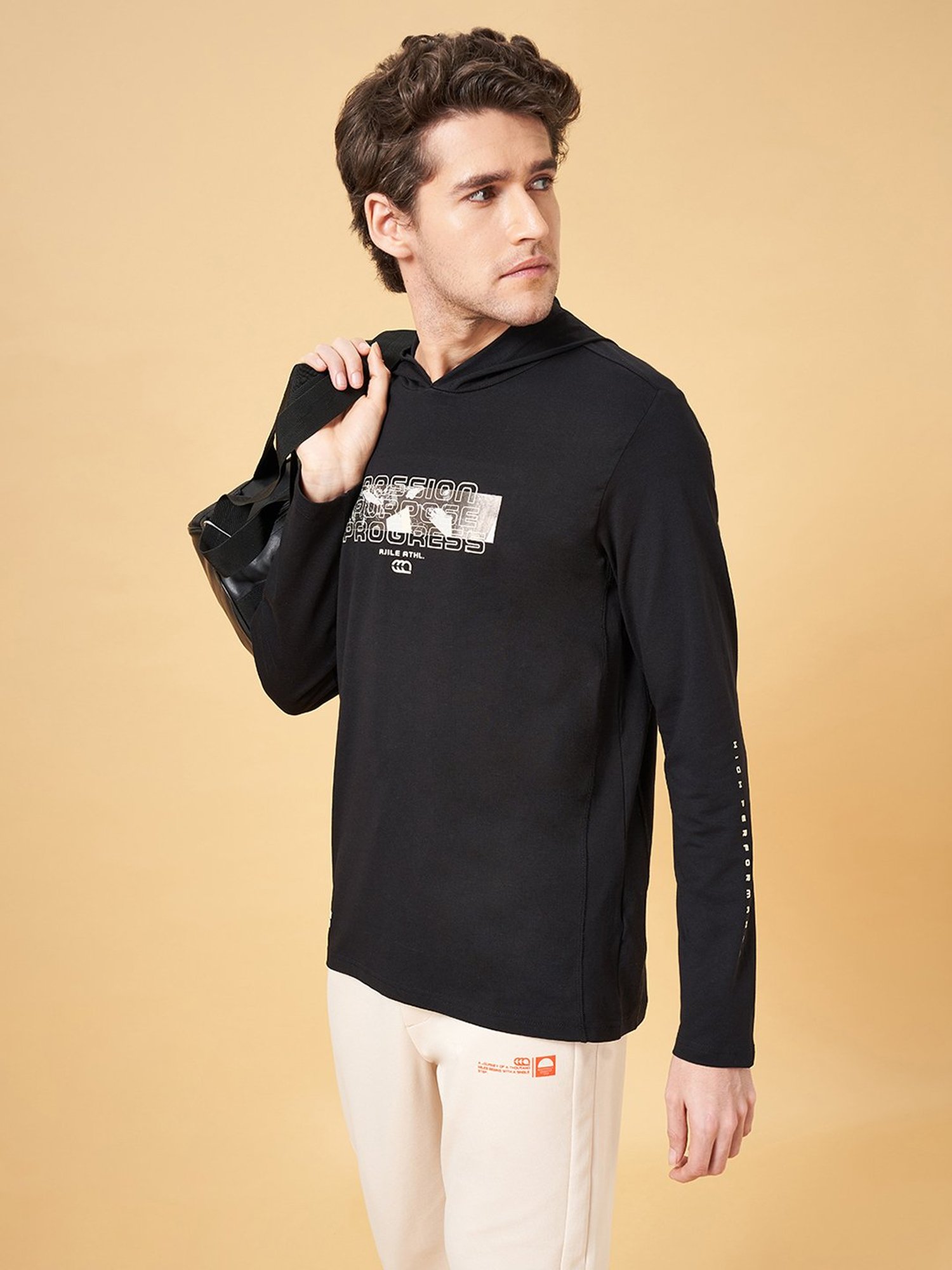 Ajile by Pantaloons Jet Black Slim Fit Graphic Print Hooded T-Shirt
