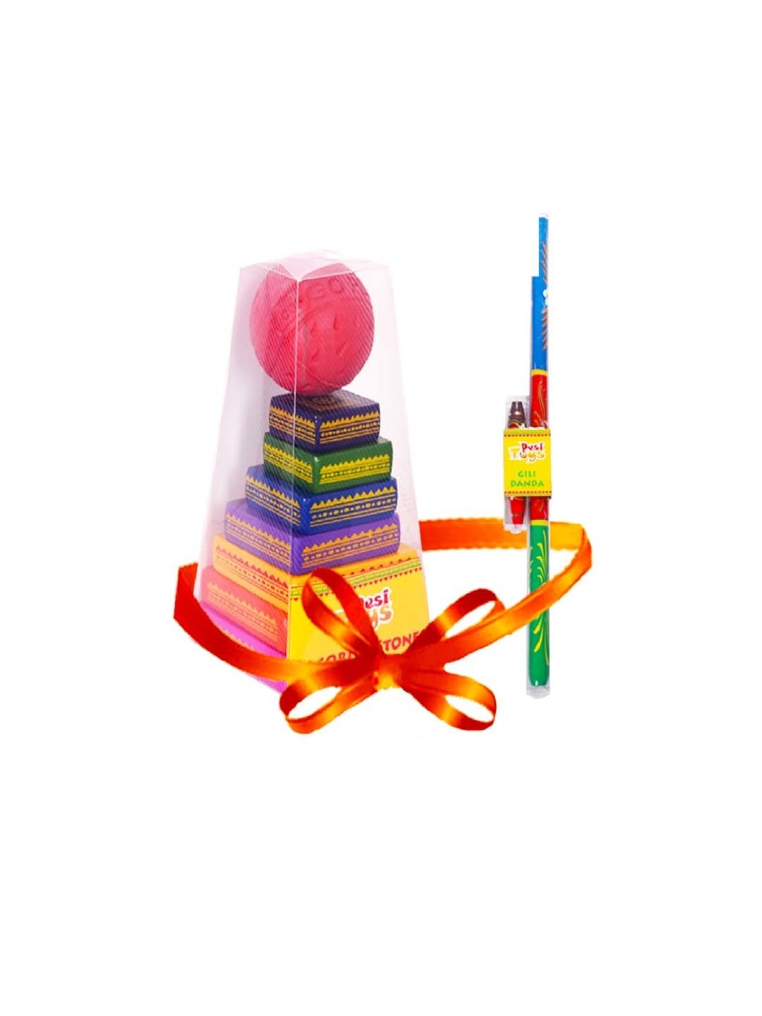 Desi Toys Kids Multicolor Wooden Seven Stones & Gilli Danda Game Set