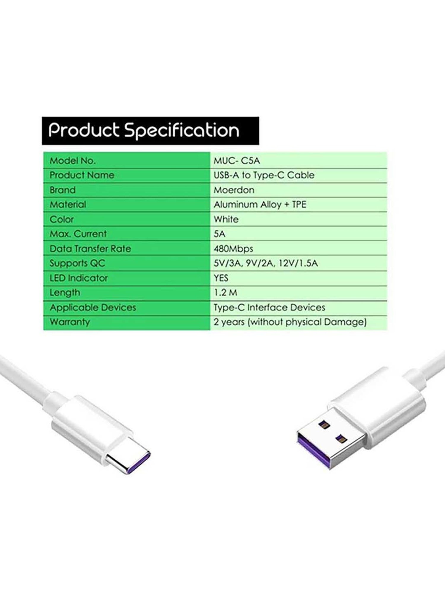 Moerdon MUC- C5A Fast Charging Data transfer Cable (White)