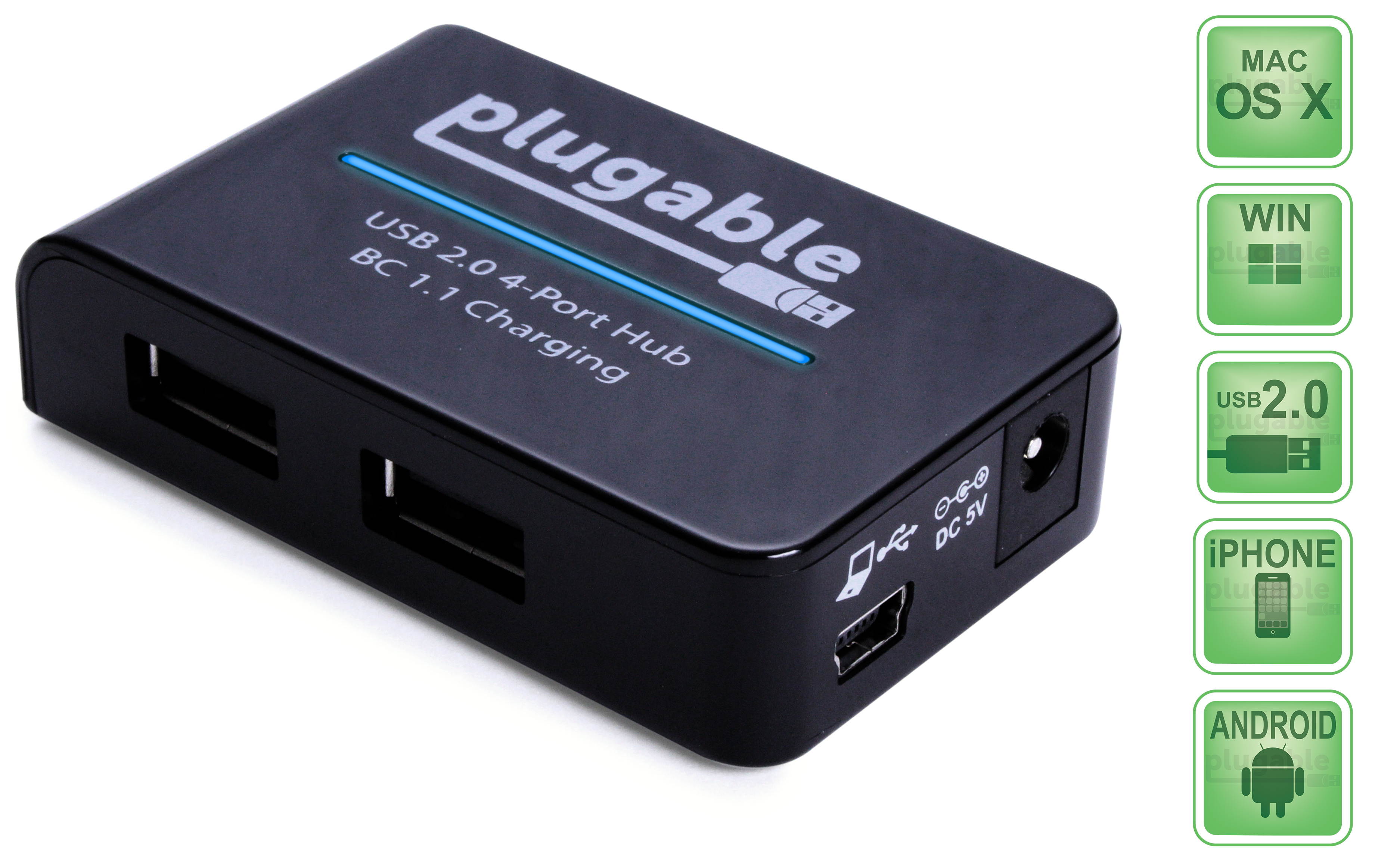 Plugable USB 2.0 4-Port High Speed Hub with 12.5W Power Adapter.