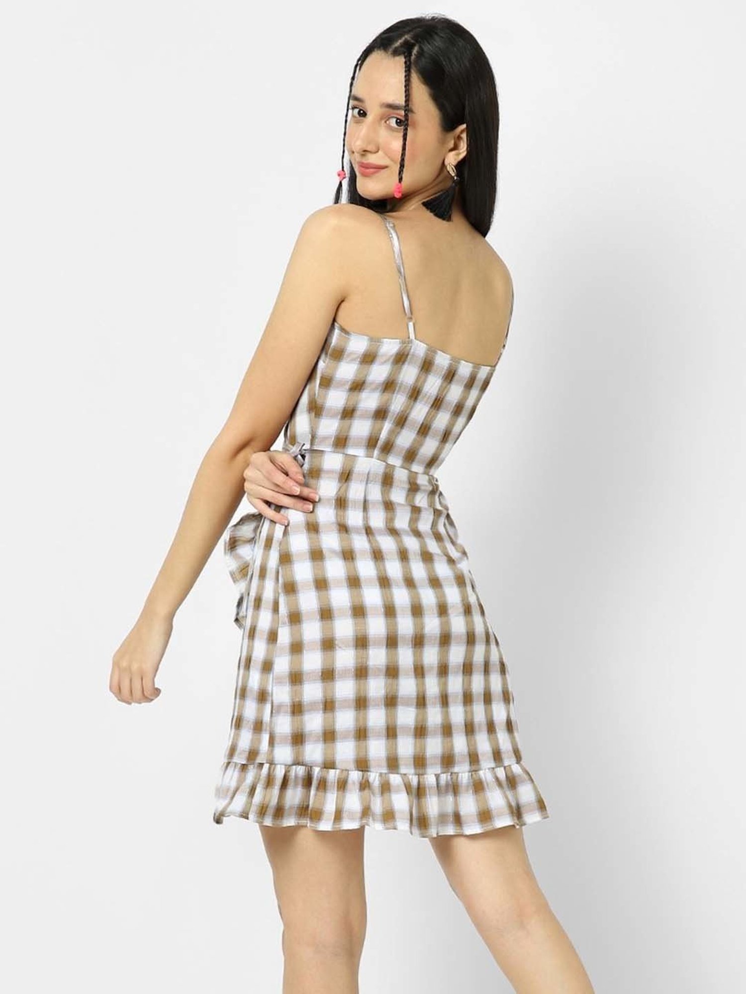 VASTRADO Brown Cotton Chequered A-Line Wrap Dress