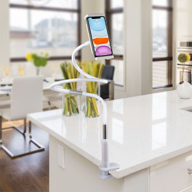 [Upgraded] Insten Phone Holder Stand Lazy Gooseneck Mount 50" Long Arm Aluminum Flexible 360 Clamp Clip for iPhone Cell Phone Tablet Bed Desktop White