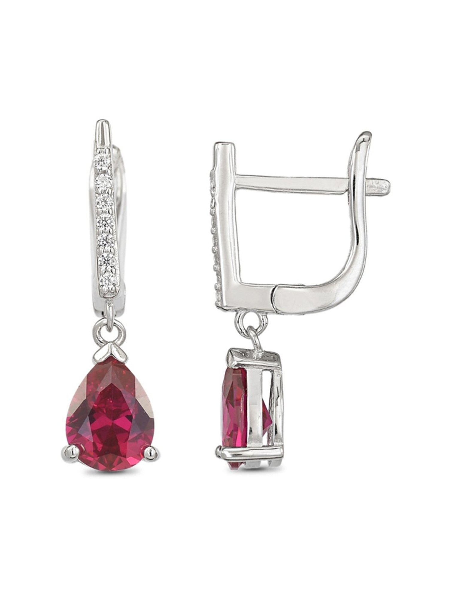 925 Silver Pear Red Ruby and American Diamond Dangler Earrings for Women & Girls