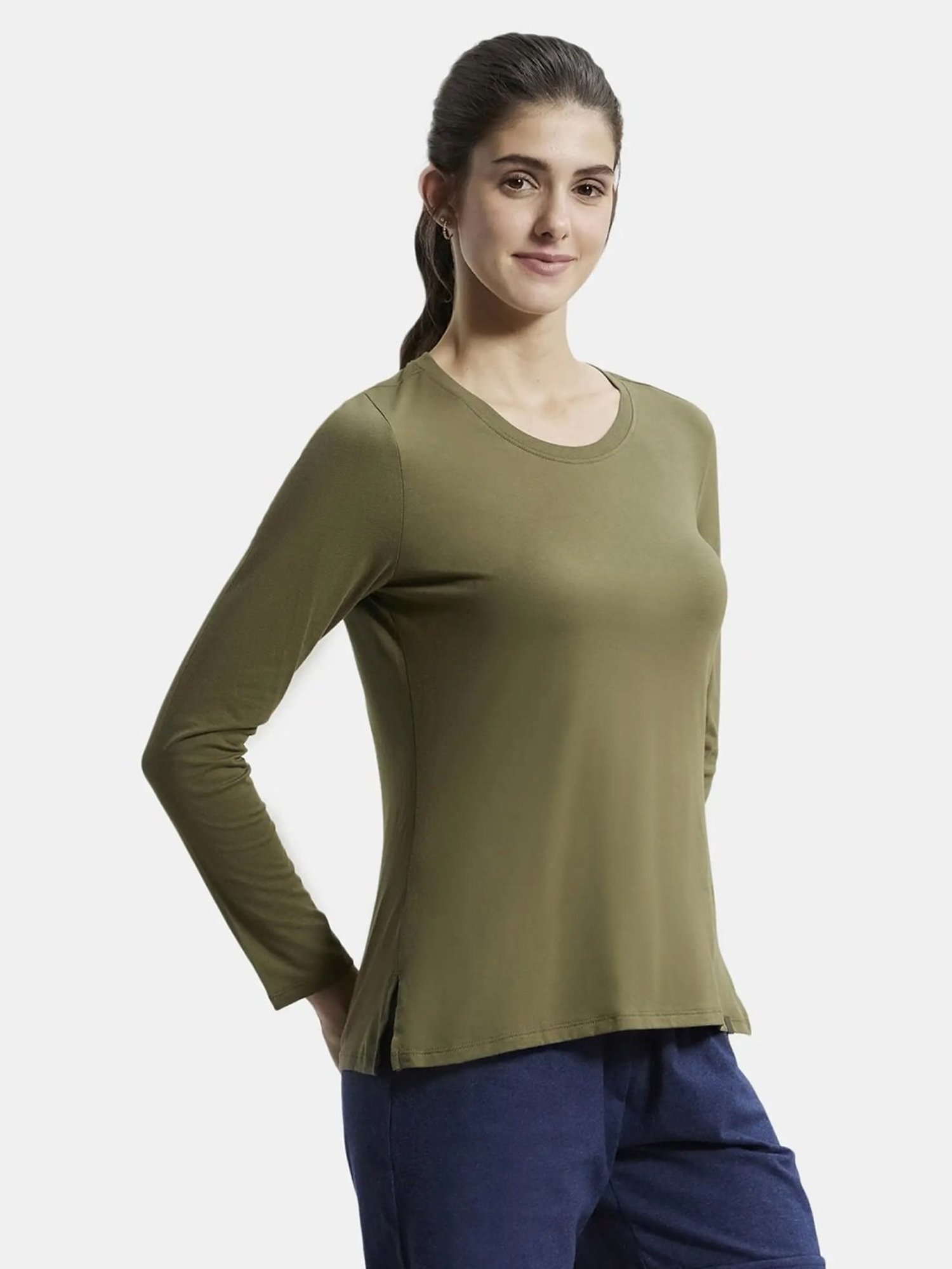 Jockey A140 Women's Super Combed Cotton Rich Relaxed Fit Solid Round Neck Full Sleeve T-Shirt