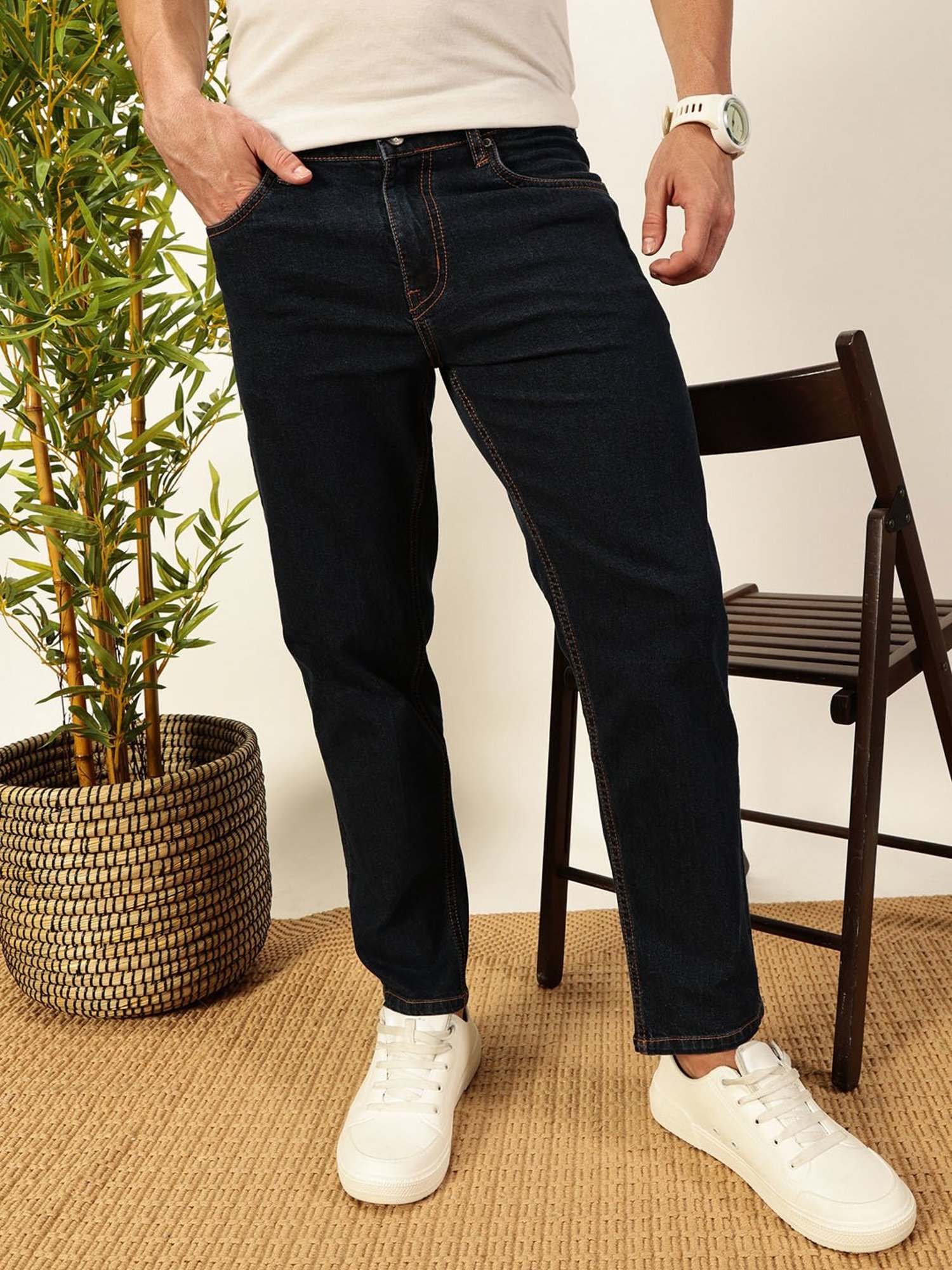 Thomas Scott Dark Blue Cotton Slim Tapered Solid Jeans