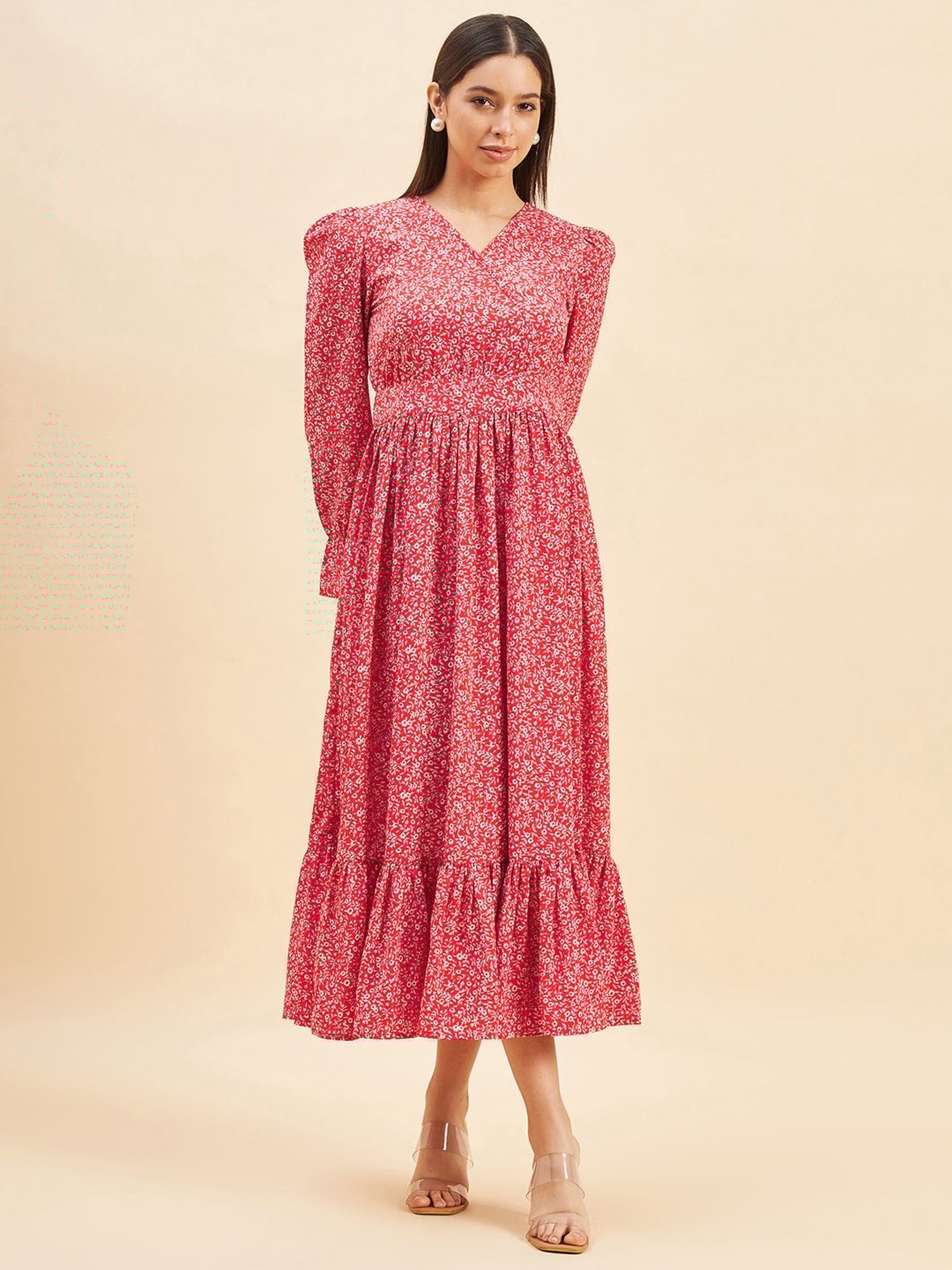 PANIT Red Floral Print Ethnic Dress