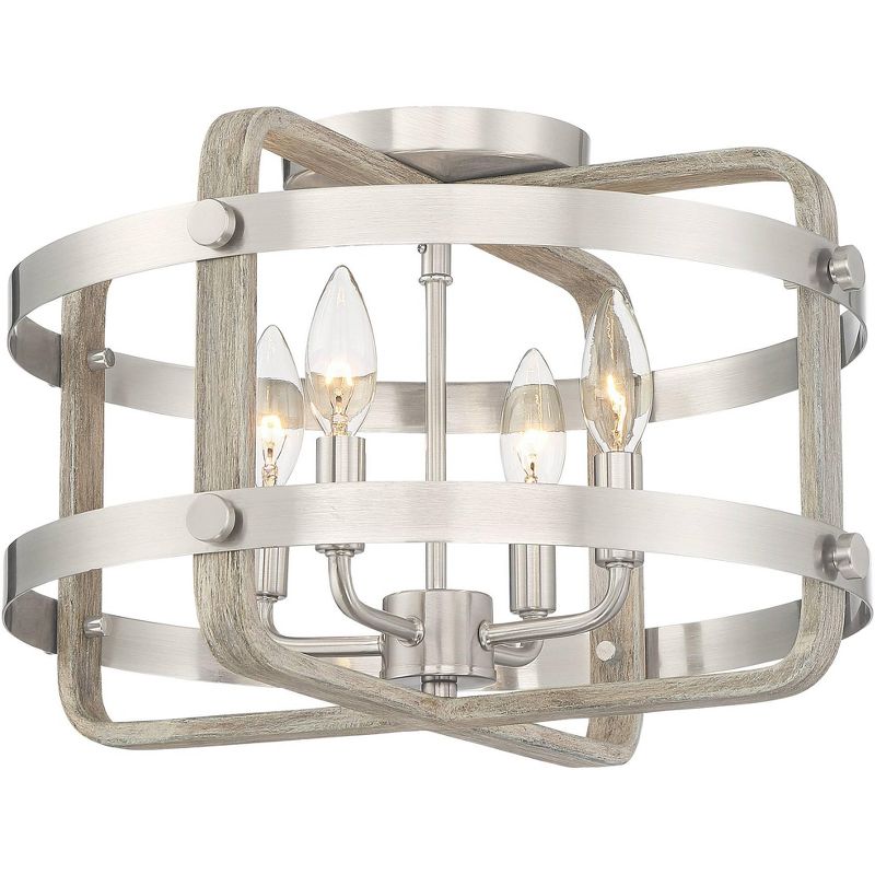 Barnes and Ivy Farmhouse Ceiling Light Flush Mount Fixture Brushed Nickel Wood Grain 15 3/4" Wide 4-Light for Bedroom Living Room