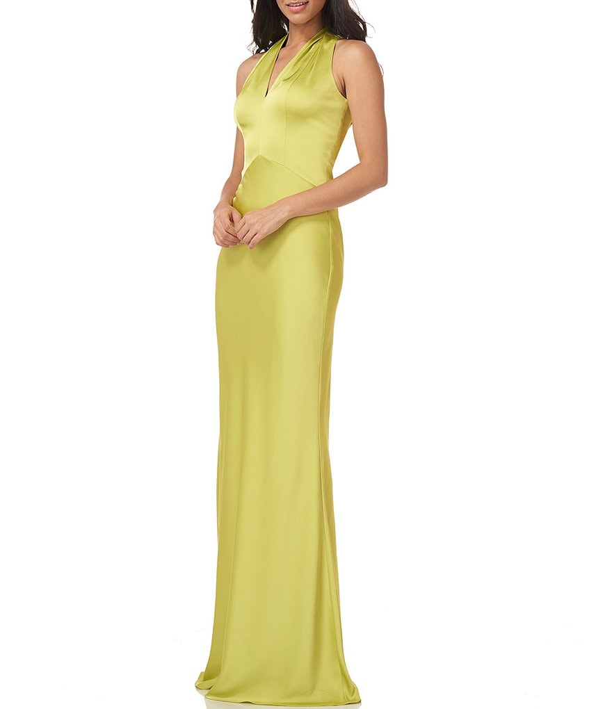 Kay Unger Fallon Halter V-Neck Sleeveless Hammered Charmeuse Gown