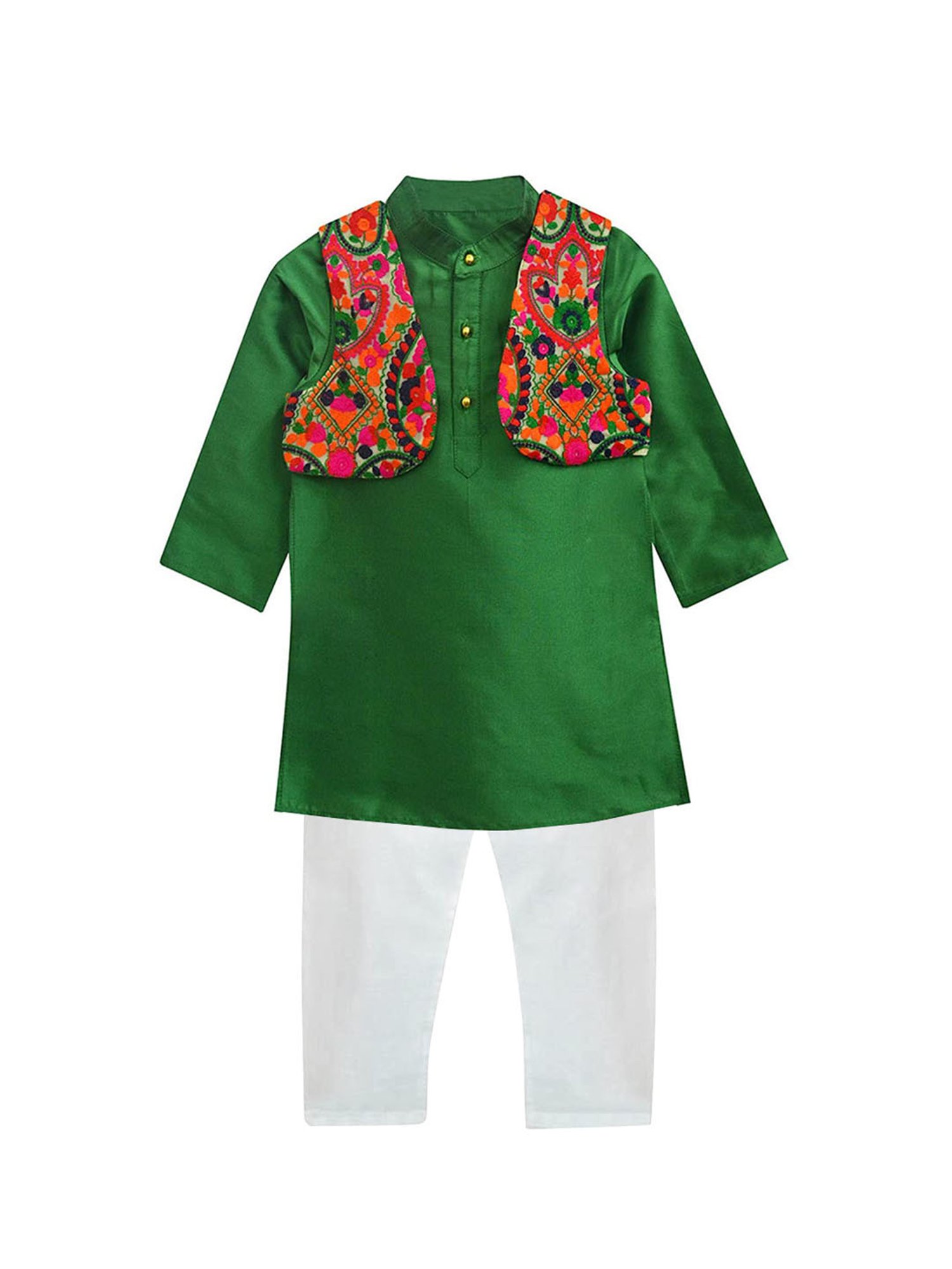 A.T.U.N. Green & White Embroidered Full Sleeves Kurta with Jacket & Pyjamas