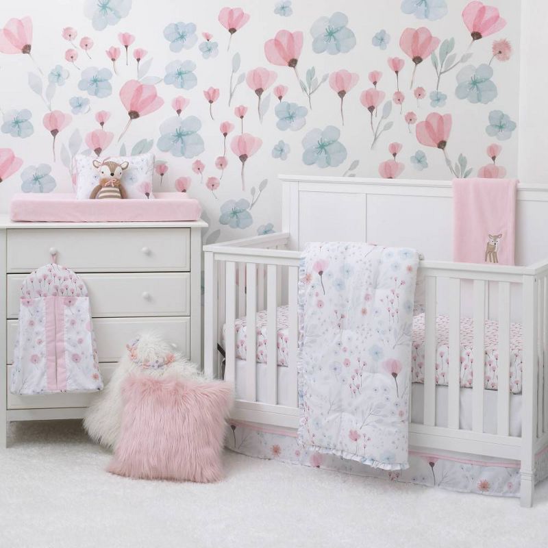 NoJo Lovely Watercolor Floral Crib Bedding Set - Pink/Aqua/Gray 8pc