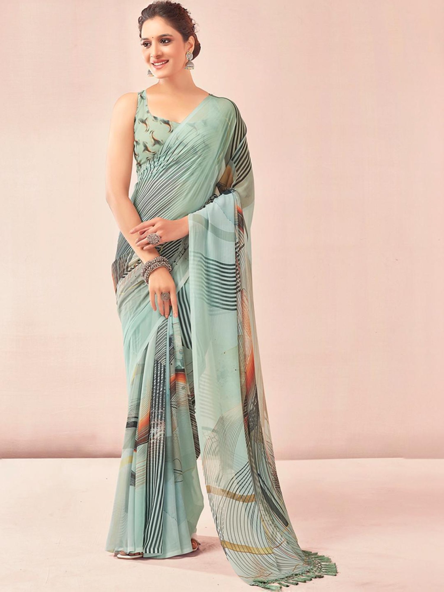 Satrani Green Printed Saree With Unstitched Blouse