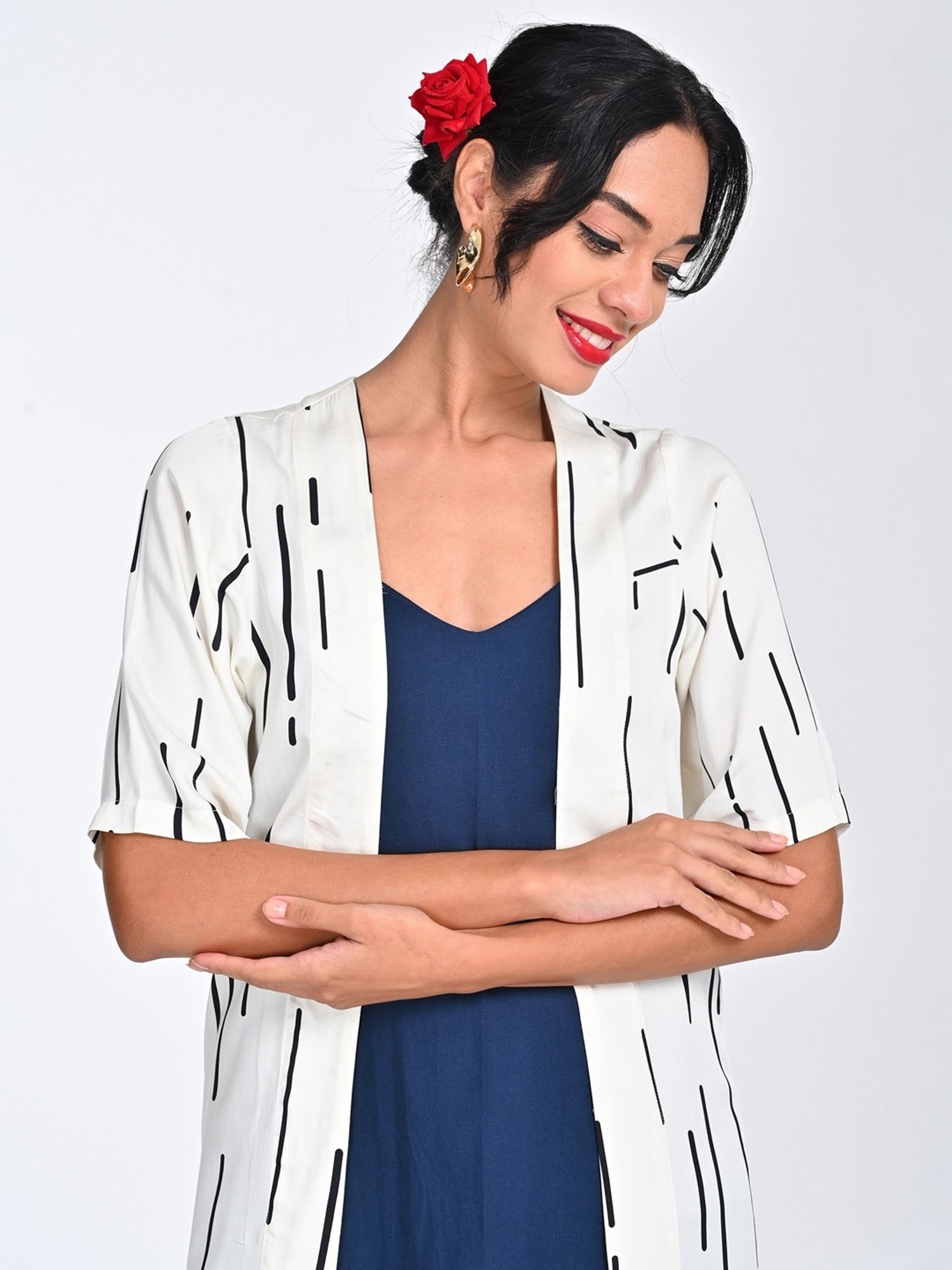 Saltpetre Women Modal Solid Cream Open Front Long Overlay