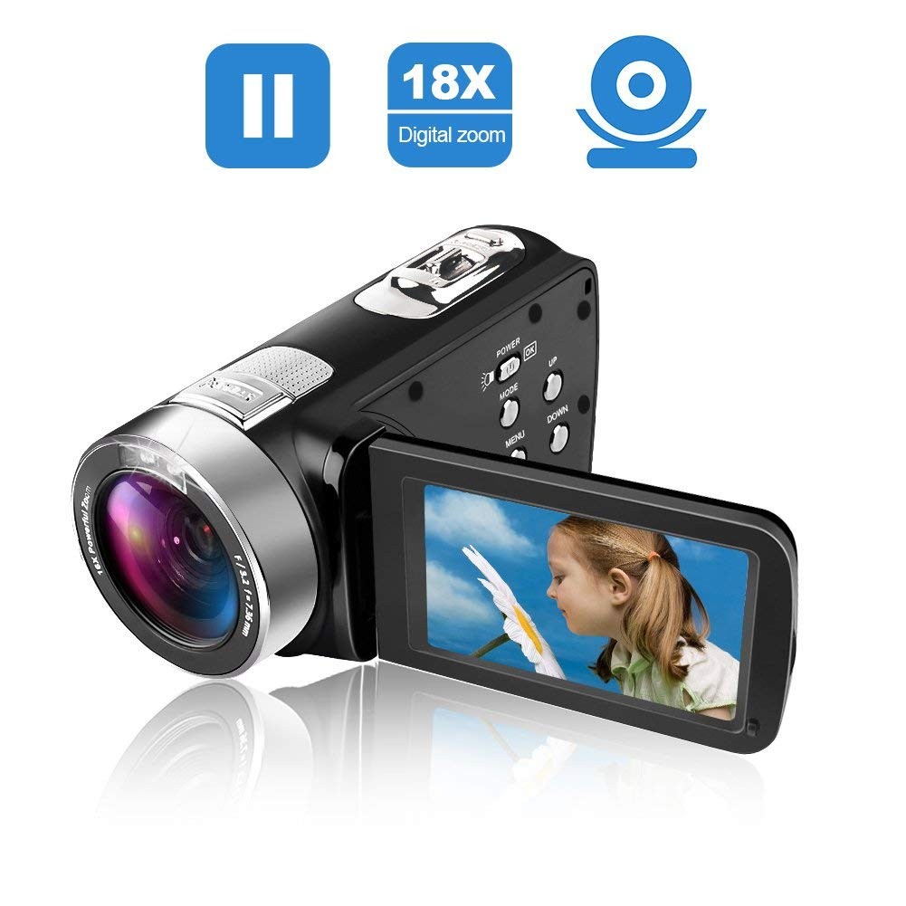 Camcorder Video Camera Full HD 24.0MP Camcorders Digital Camera 1080p 3.0&rsquo;&rsquo; Rotatable LCD for Vlogging Webcam Pause Function Dual LED Lights