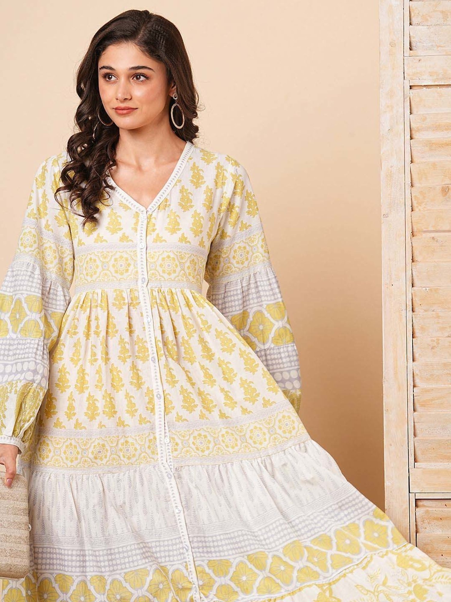 Fashor White & Yellow Cotton Printed Maxi Dress