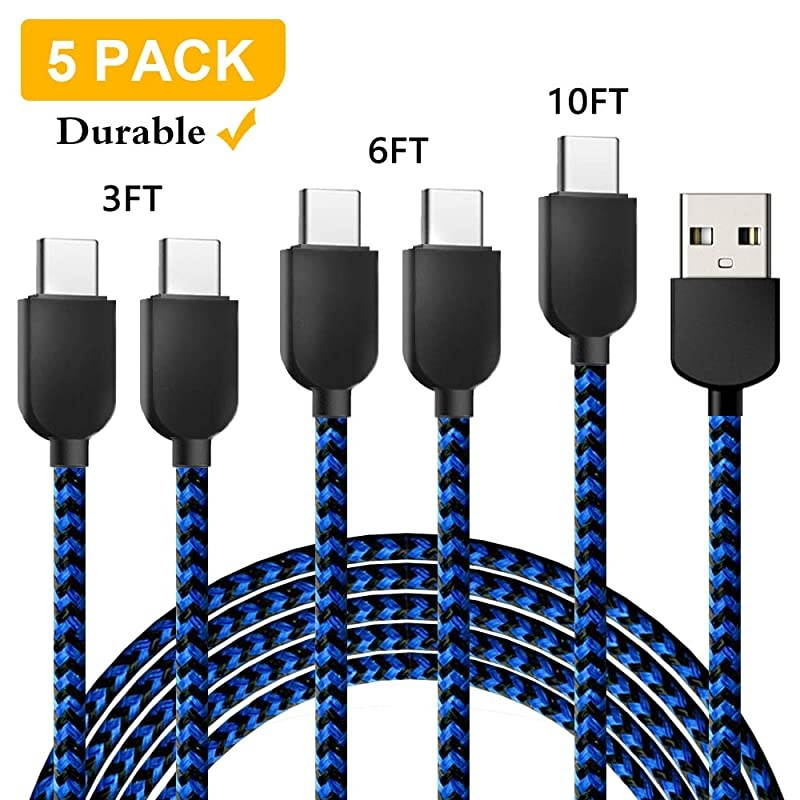 Type C Cable 5Pack (3/3/6/6/10 FT) Nylon Braided Fast Charging Charger Sync Cord Compatible with Samsung Galaxy S10 S10E S9 S20 Plus Note 10 9 8 S8 Z LG V20 G5 G6 Google Pixel(Blue)