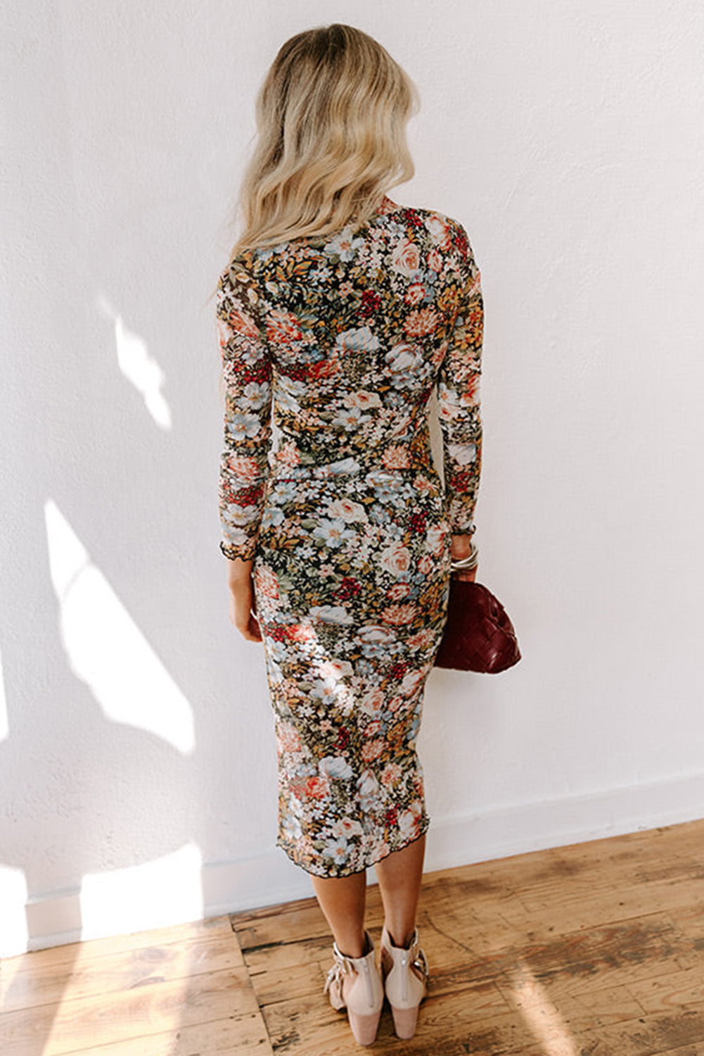 Multicolour Floral Print Split Neck Midi Dress