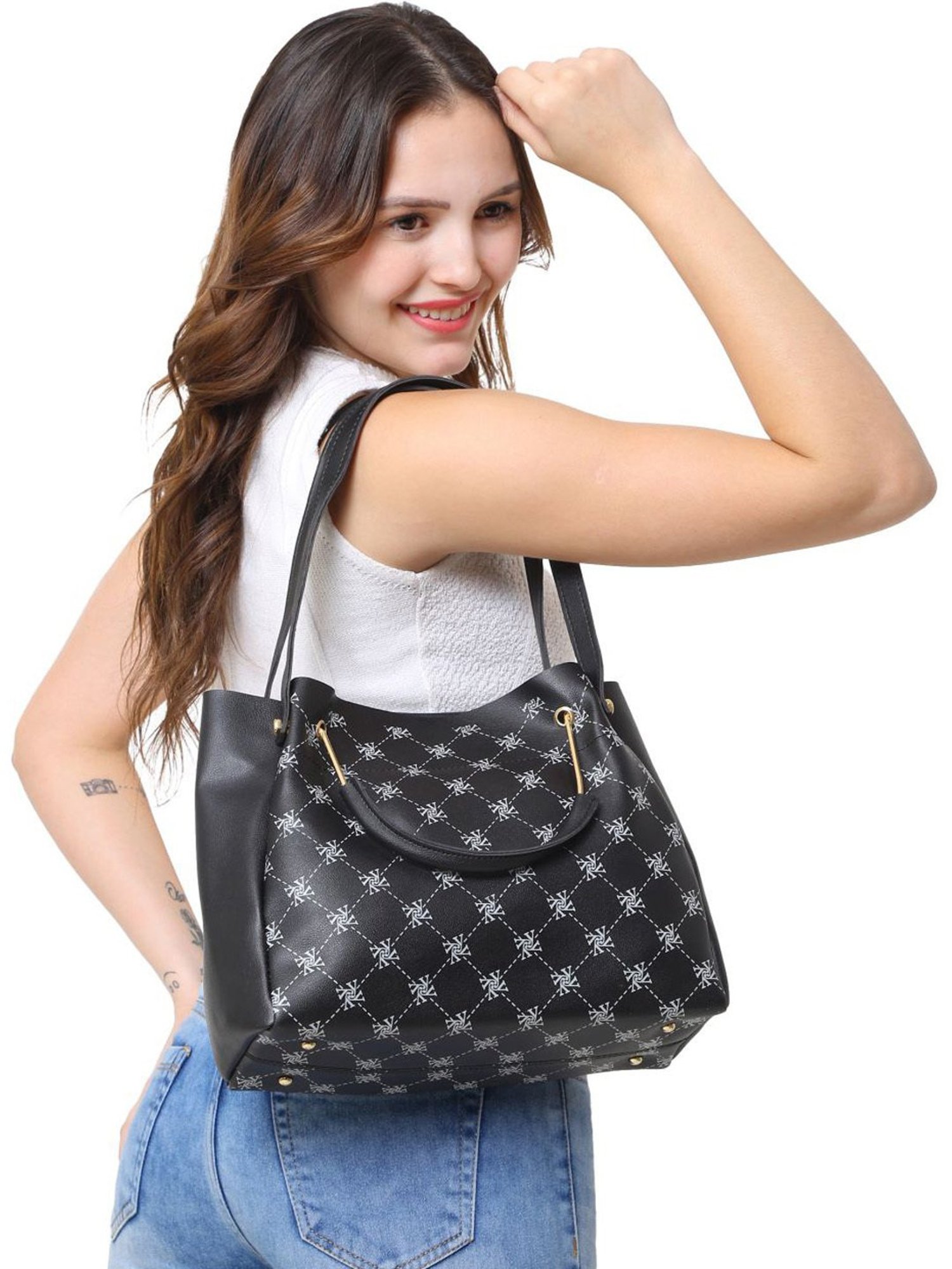 Yelloe Black Synthetic Printed Shoulder Handbag with Sling Handbag