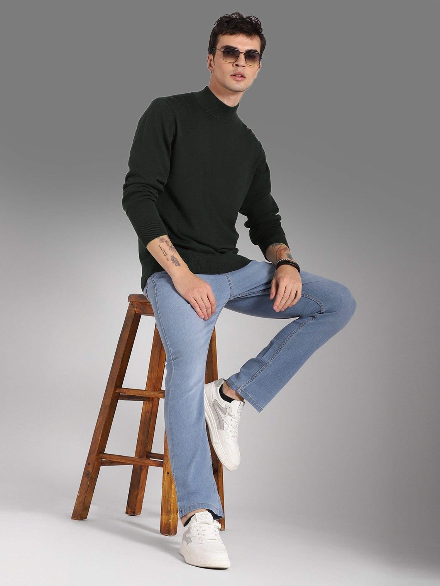 High Star Green Cotton Regular Fit Sweater