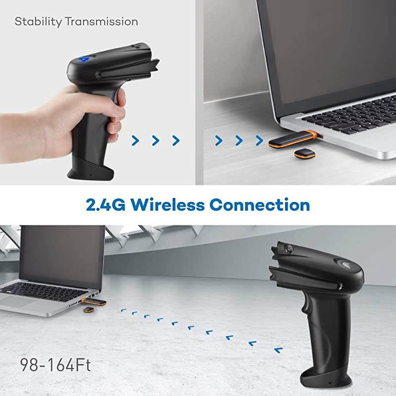 Barcode Scanner 2.4Ghz Wireless and Wired 2 in 1 Handheld Bar Code Scanners USB 1D Automatic Barcode Reader with 32-bit Decoder,for Retail, Inventory Management, Compatible with Common Systems