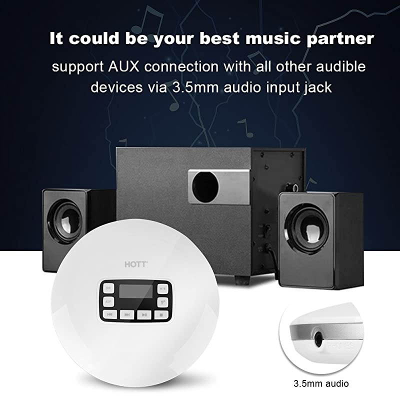 Portable CD Player HOTT Shockproof Wireless Bluetooth Personal Compact Disc Player Rechargeble HiFi Stereo CD Walkman Music Player with Earphones for Home Office SchoolWhite
