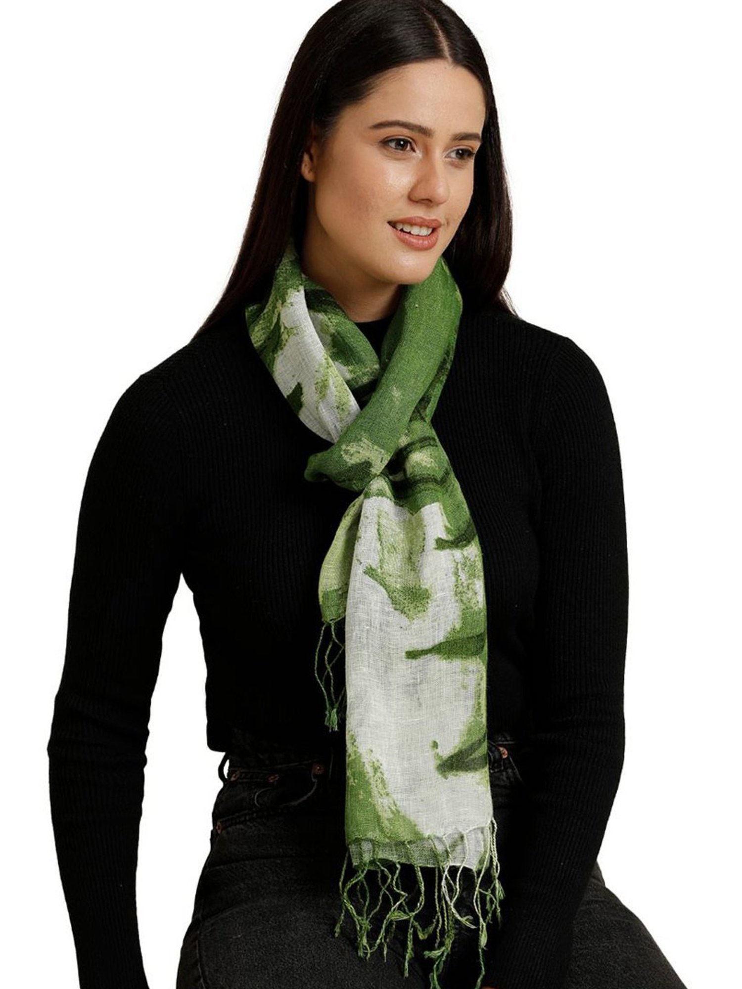 Linen Club Green Printed Pure Linen Stole