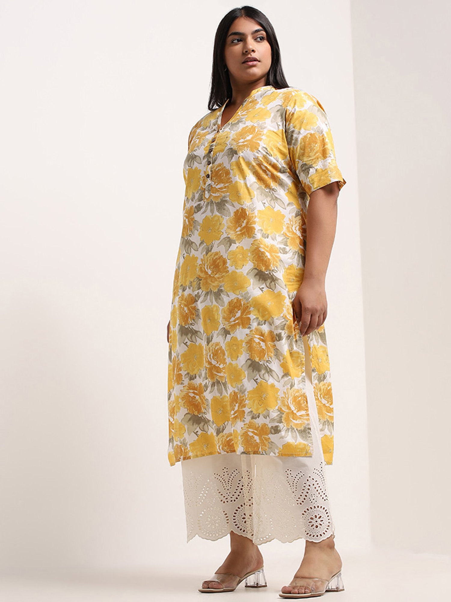 Diza by Westside Off-White Schiffli Detailed Straight Cotton Palazzos