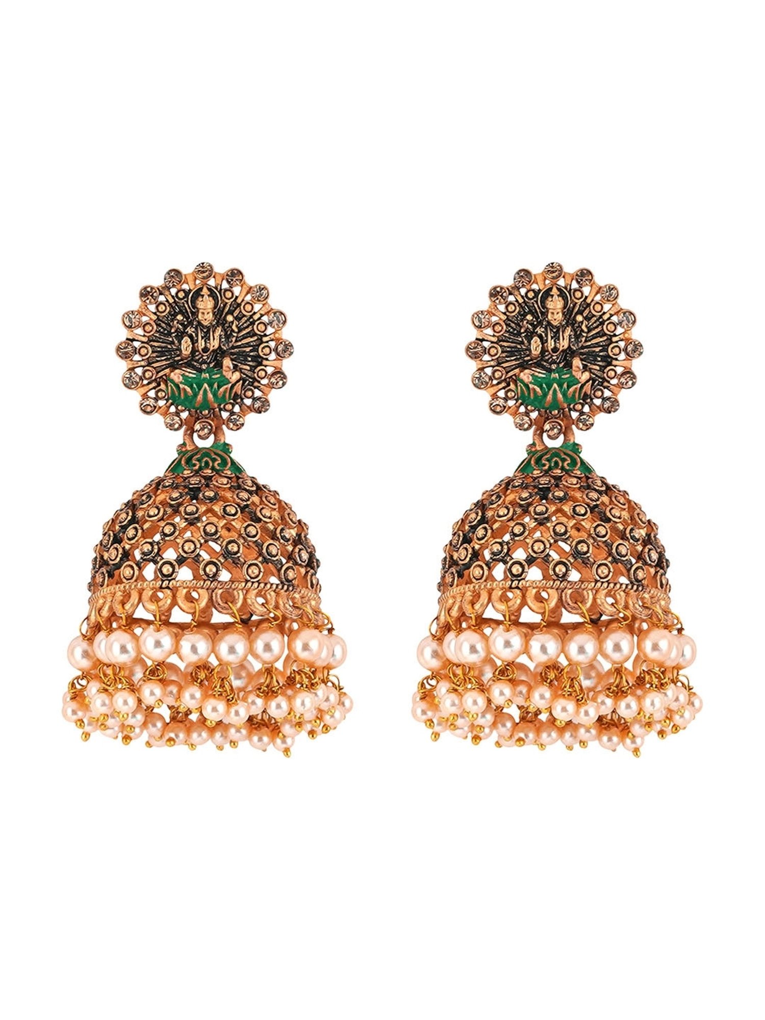 Teejh Chakriya Green Golden Enamel Jhumki Earrings