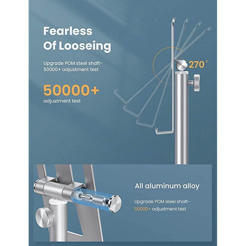 Tablet Stand, Upgraded Stable iPad Stand Holder All Aluminum Alloy, Angle Height Adjustable iPad Holder for Desk Case Friendly for 4.7"-12.9" Phones/iPad/Tablets/Switchs/Kindles/E-Reader-Silver